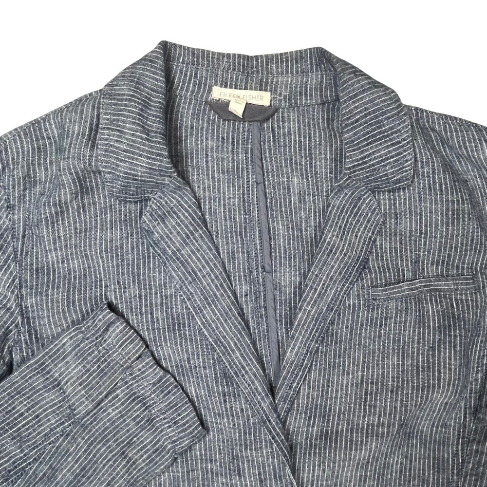 Eileen Fisher Blazer Women Large Blue Railroad Pinstripe 100% Linen Two Button
